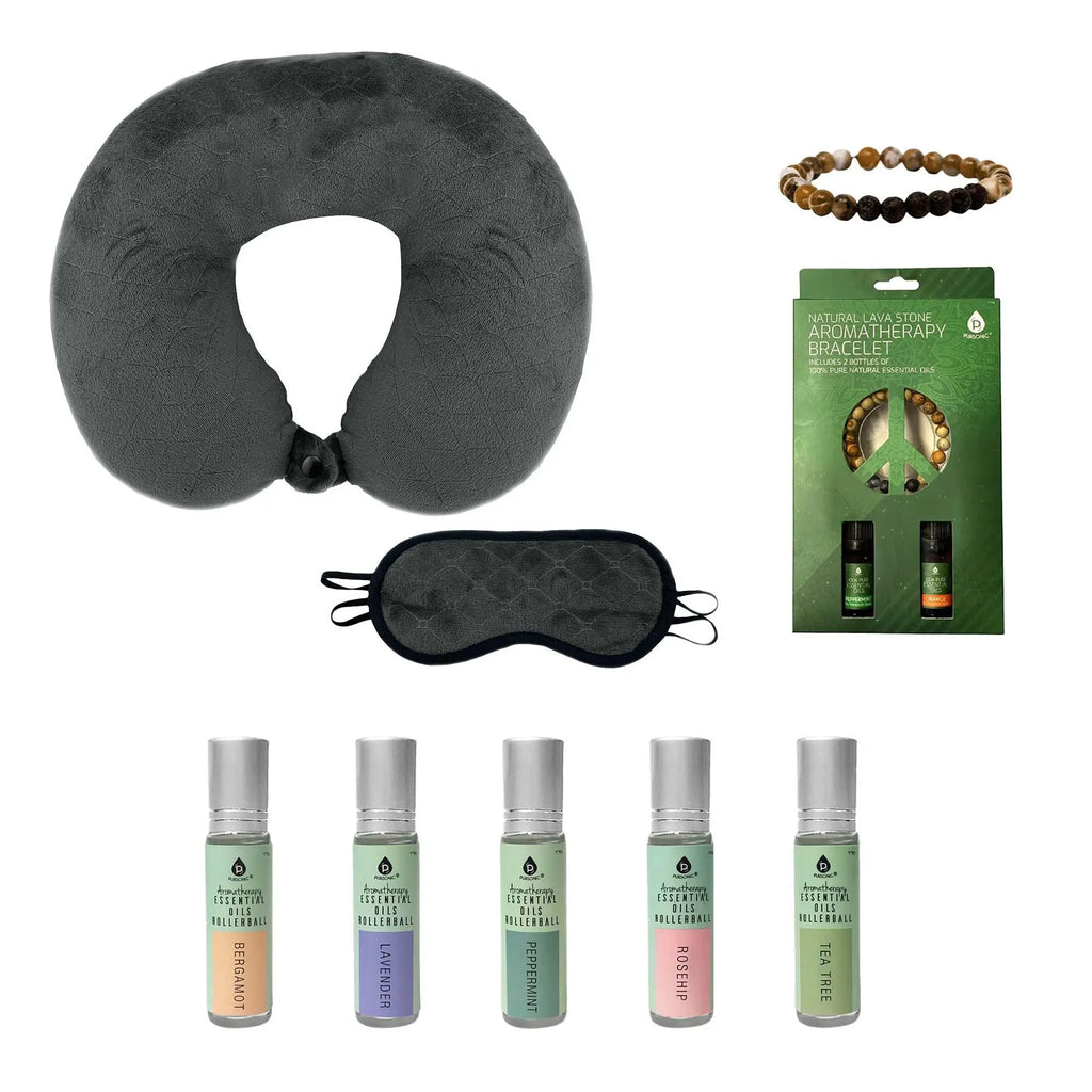 Sleep Serenity Set: Pursonic Aromatherapy Essential Oils Rollerballs, Lava Stone Bracelet, and Memory Foam Travel Pillow with Sleep Mask Pursonic